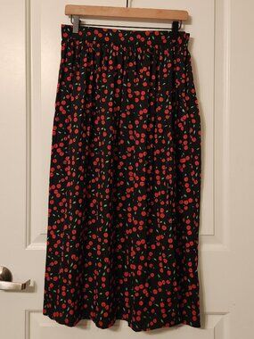 Cherry Print Black Pleated Satin Midi Skirt